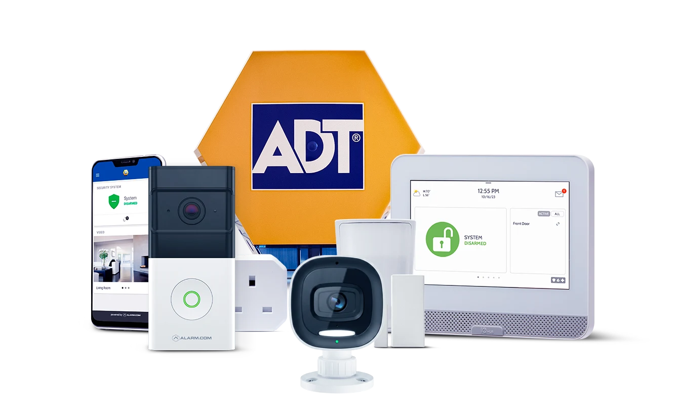 The ADT residential security range, including its white movement sensor behind the outdoor camera