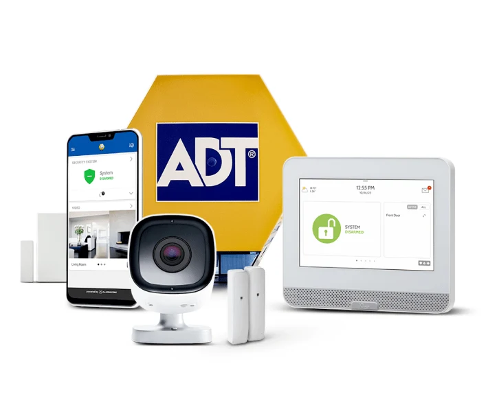 ADT pet-friendly residential security range with slim white shock sensors in the foreground